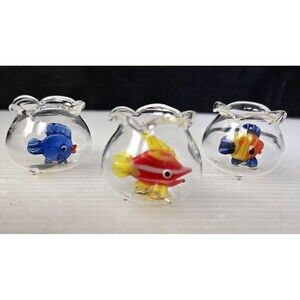 Dollhouse Miniature Glass Fishbowl With Tropical Fish Blown Glass 3 Colors